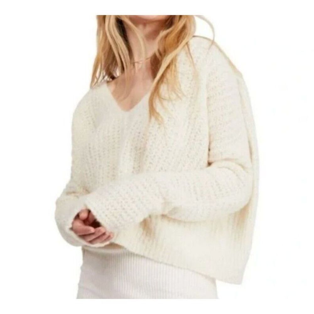 Free People Sweater Women Size Small Ivory Alpaca Blend V-Neck Oversized Cropped